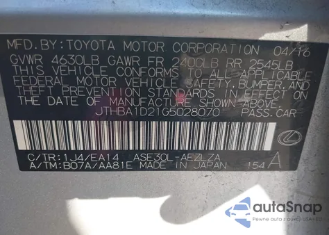 2016 Lexus Is из США, поврежденный, VIN JTHBA1D21G502807